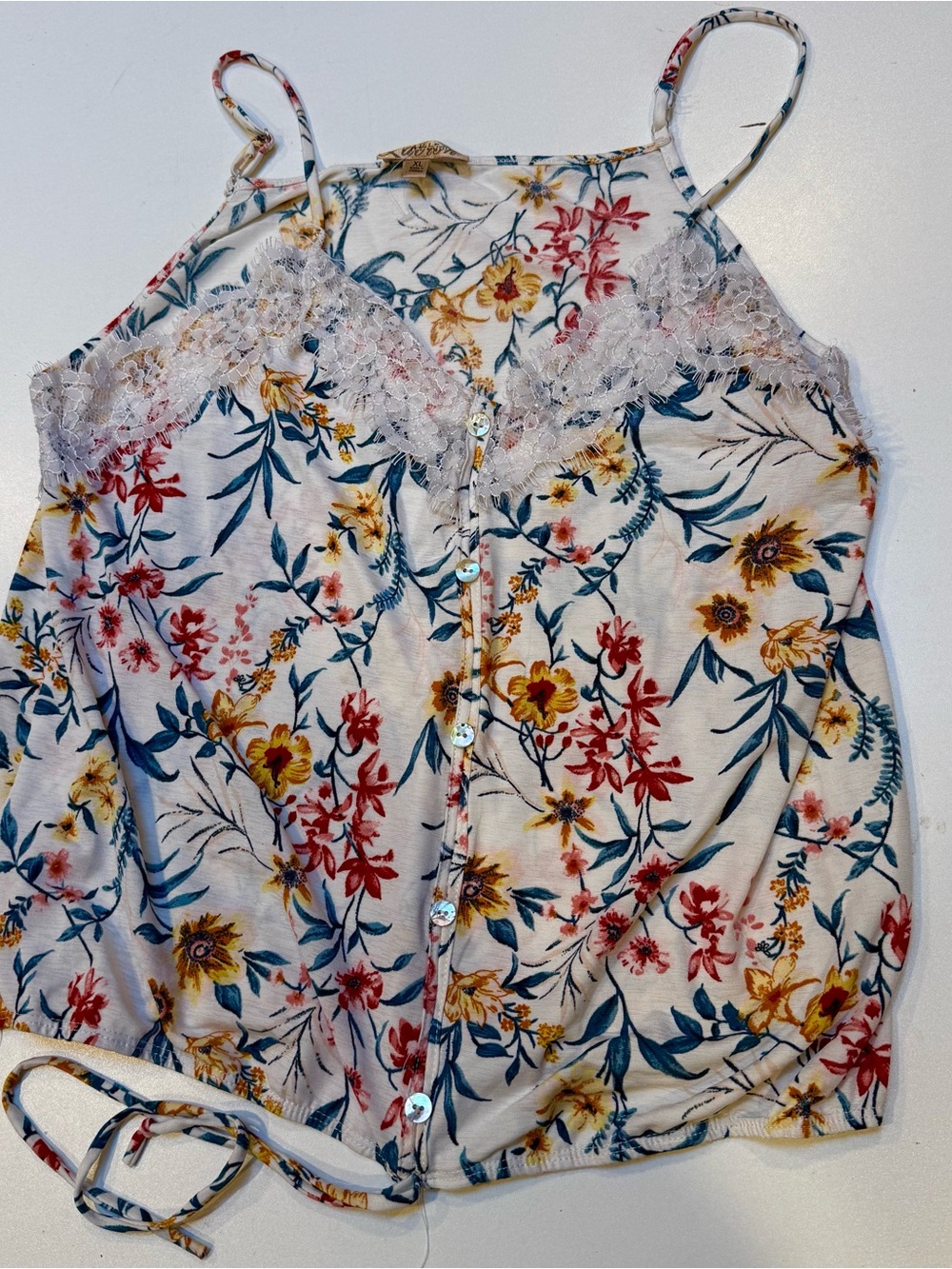 Lavish Floral Lace-Trim Button-Front Cami in White, Red, Yellow, Blue